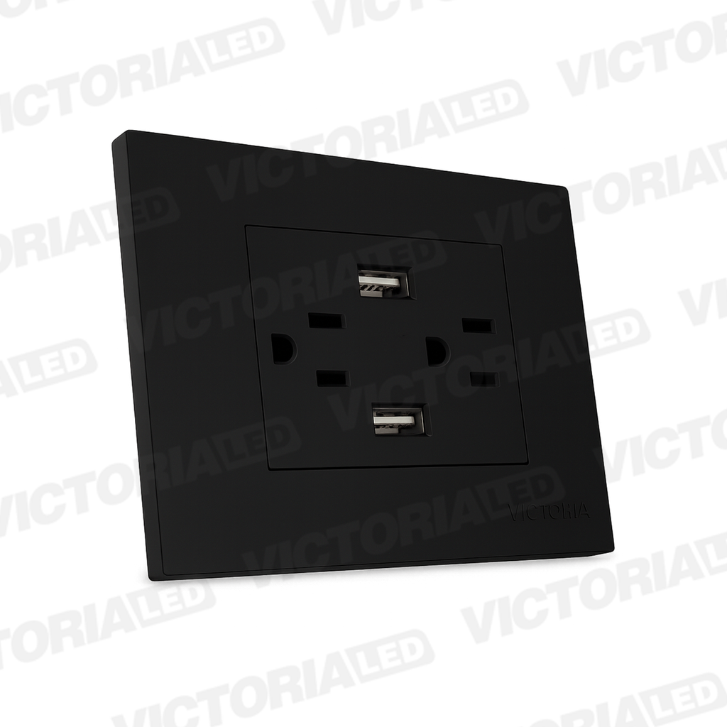 TOMACORRIENTE DOBLE + USB*2 16A 125/250V PC NEGRO